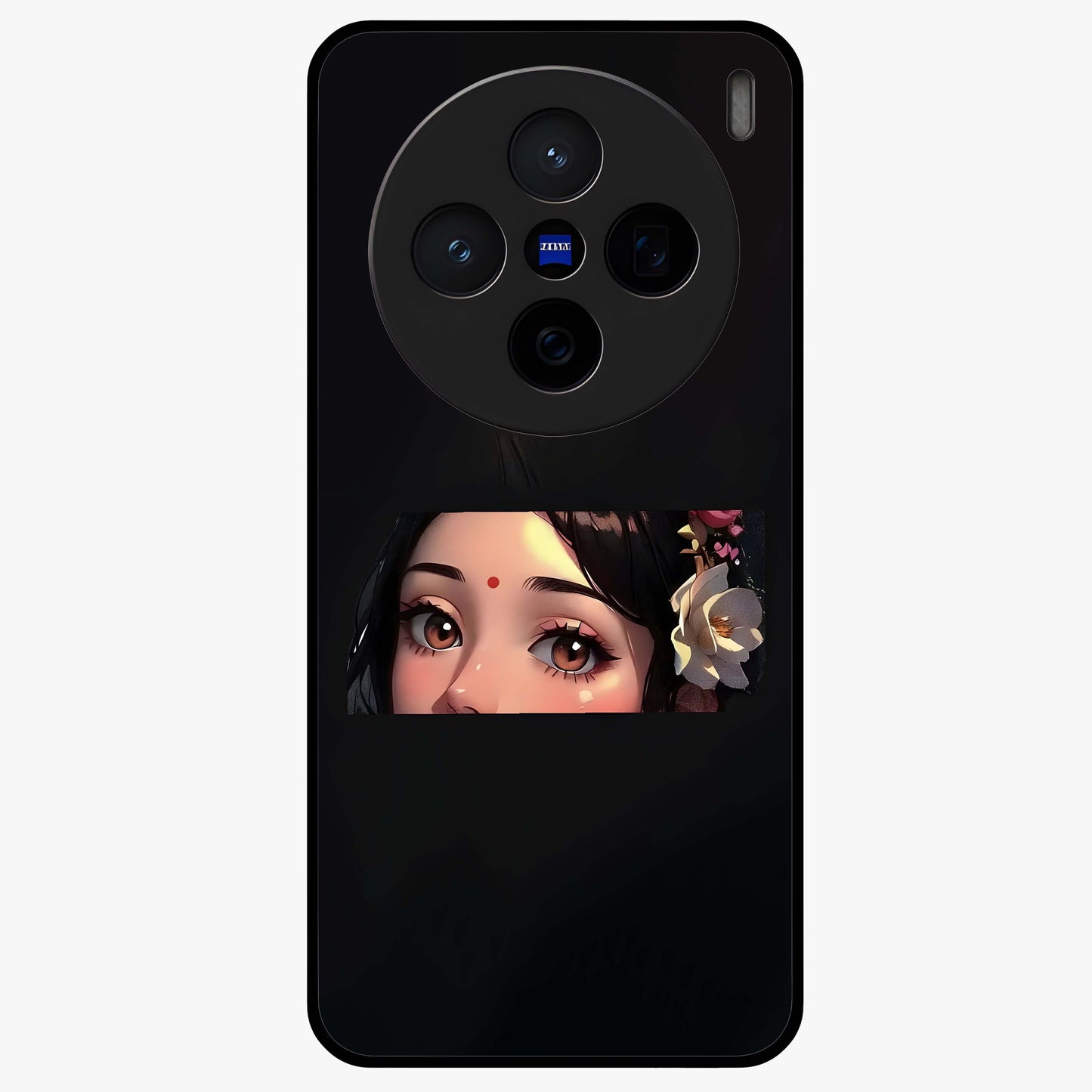 Radha Divine Embrace Glass Case showing flat back view with devotional Radha artwork and glossy glass finish.