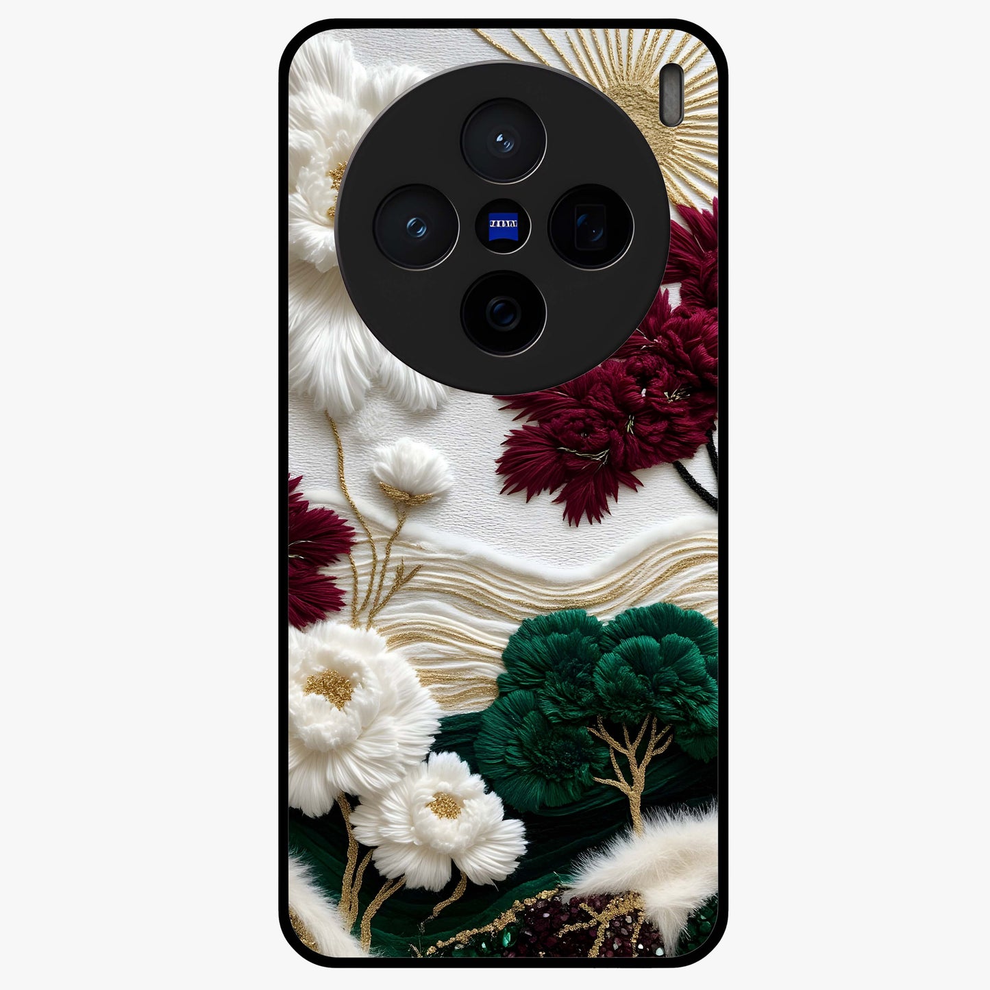 Radiant Bloom Elegance Glass Case showing flat back view with elegant blooming flower artwork and glossy glass finish.