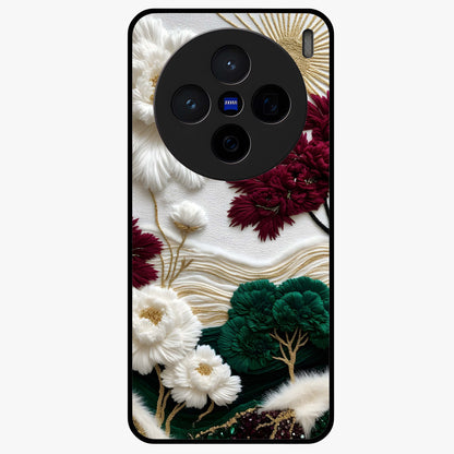 Radiant Bloom Elegance Glass Case showing flat back view with elegant blooming flower artwork and glossy glass finish.