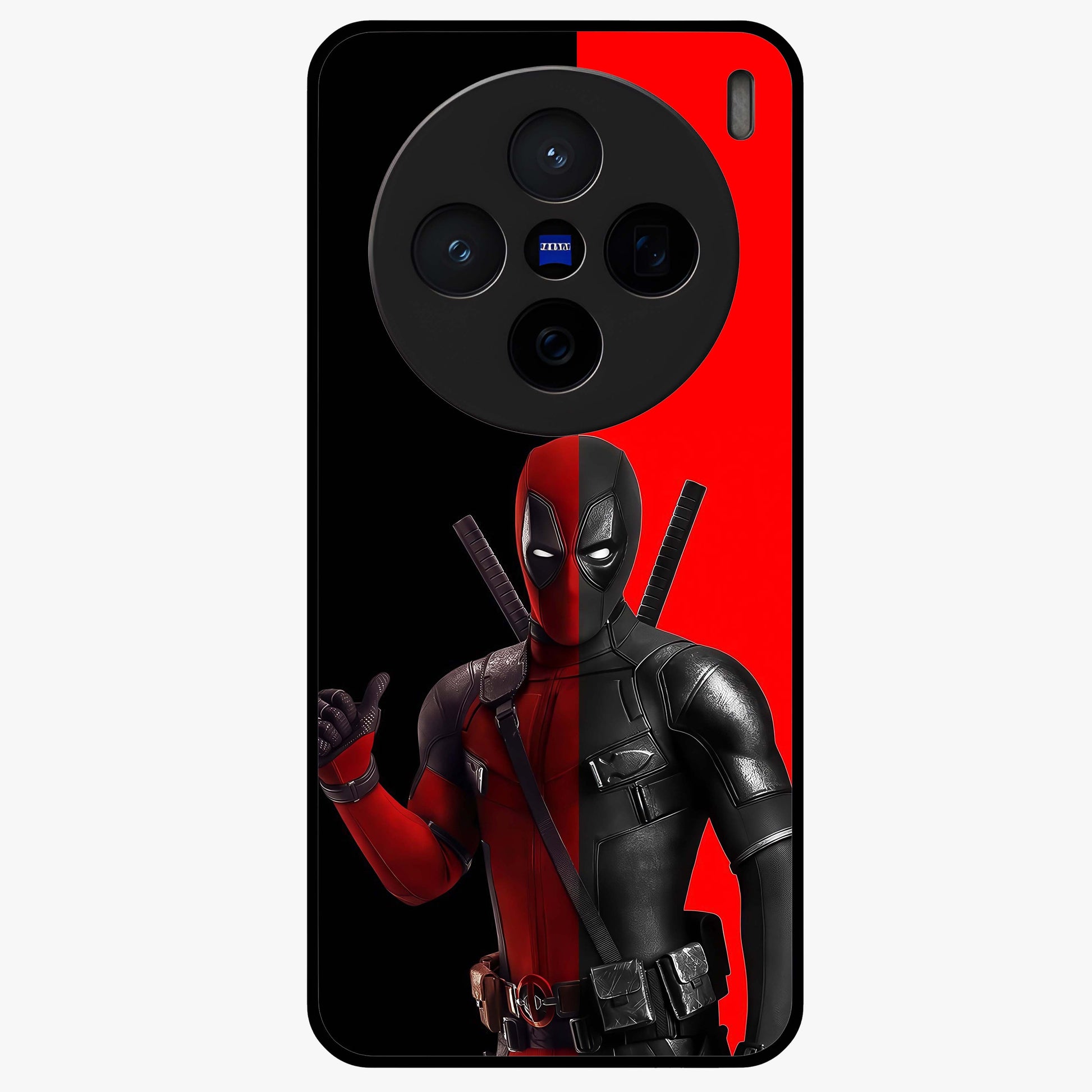 Red & Black Deadpool Theme Glass Case showing flat back view with bold comic inspired artwork and glossy glass finish.
