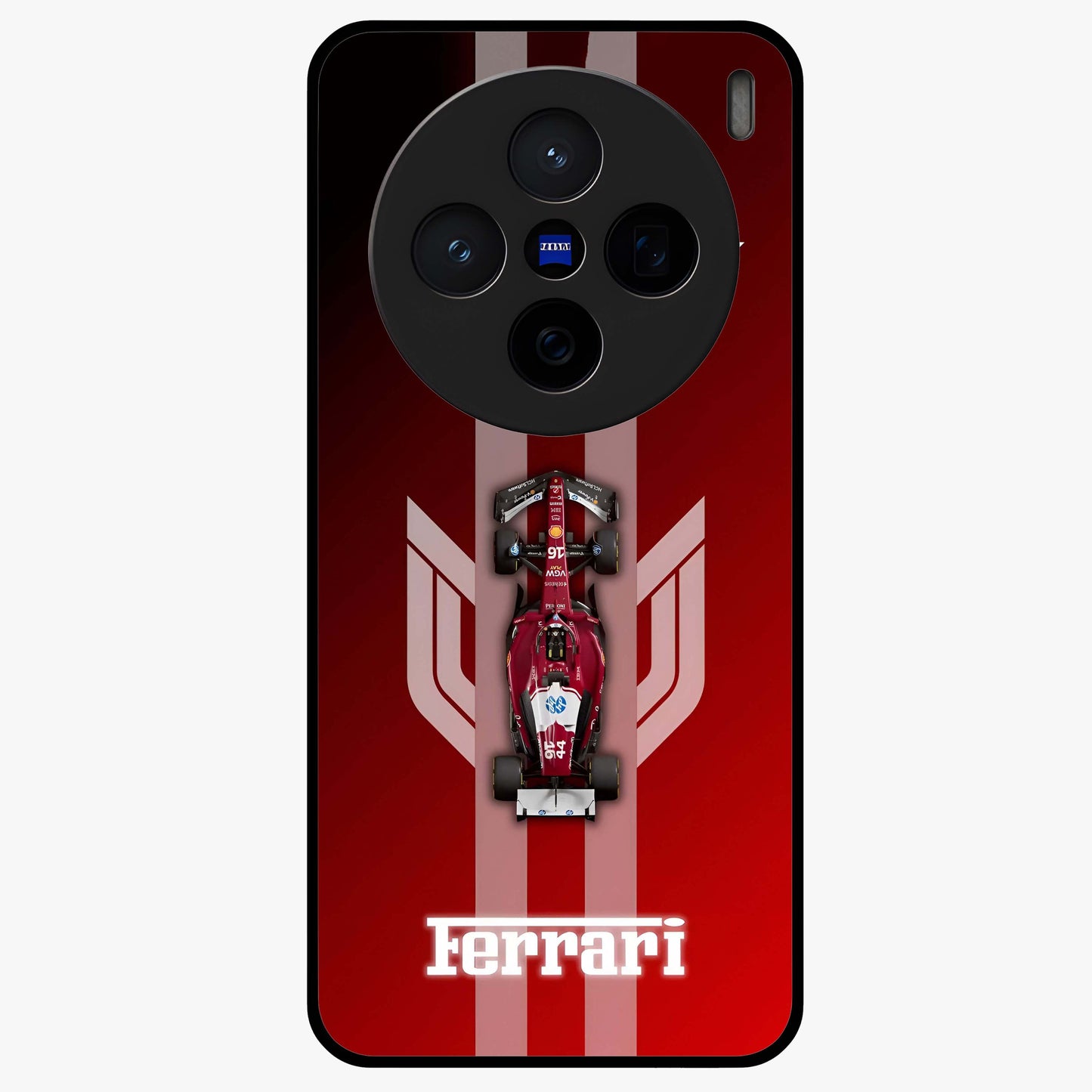 Red Ferrari F1 Vertical Glass Case showing flat back view with sleek Formula racing car artwork and glossy glass finish.