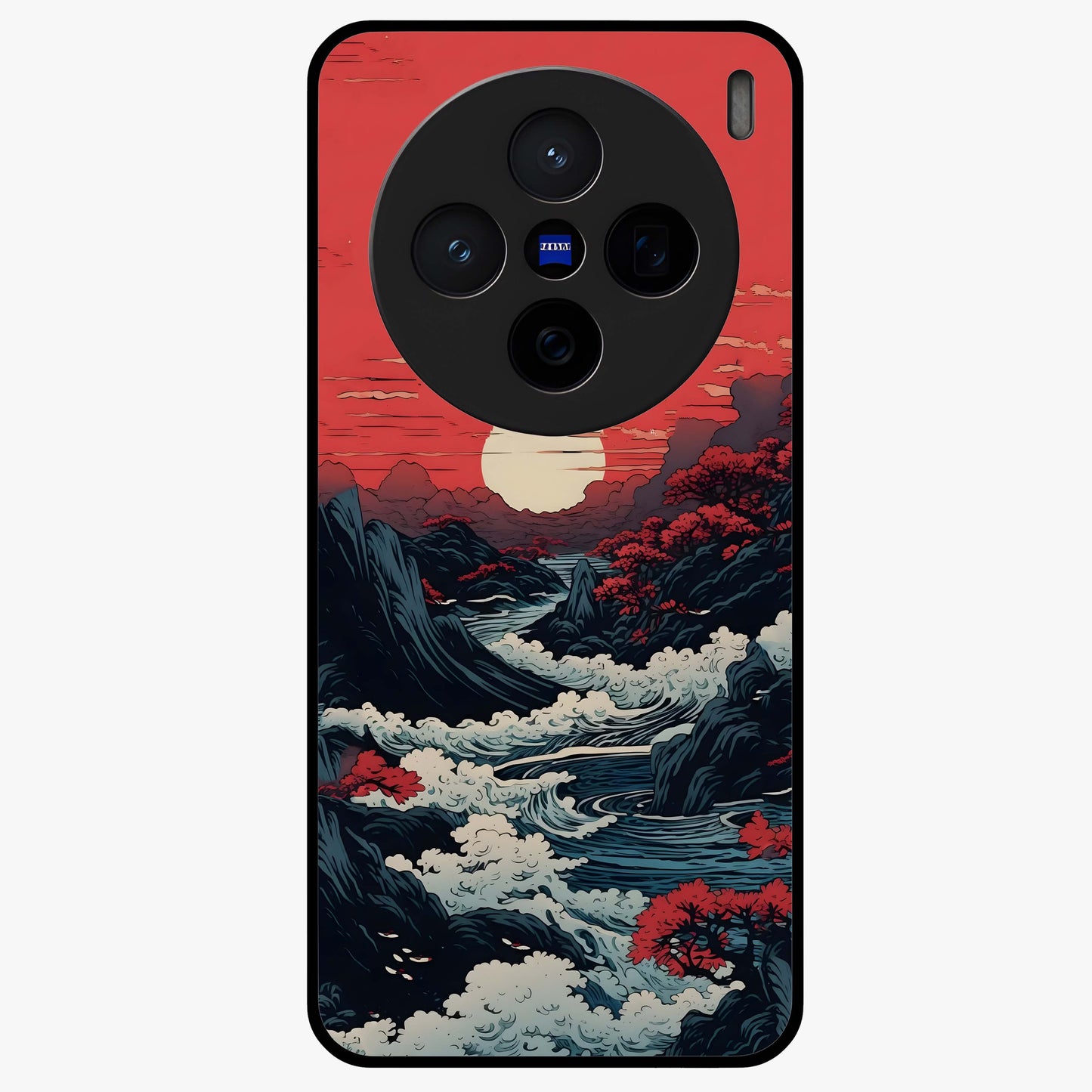 Red Sunset Scenery Glass Case showing flat back view with vibrant sunset landscape artwork and glossy glass finish.
