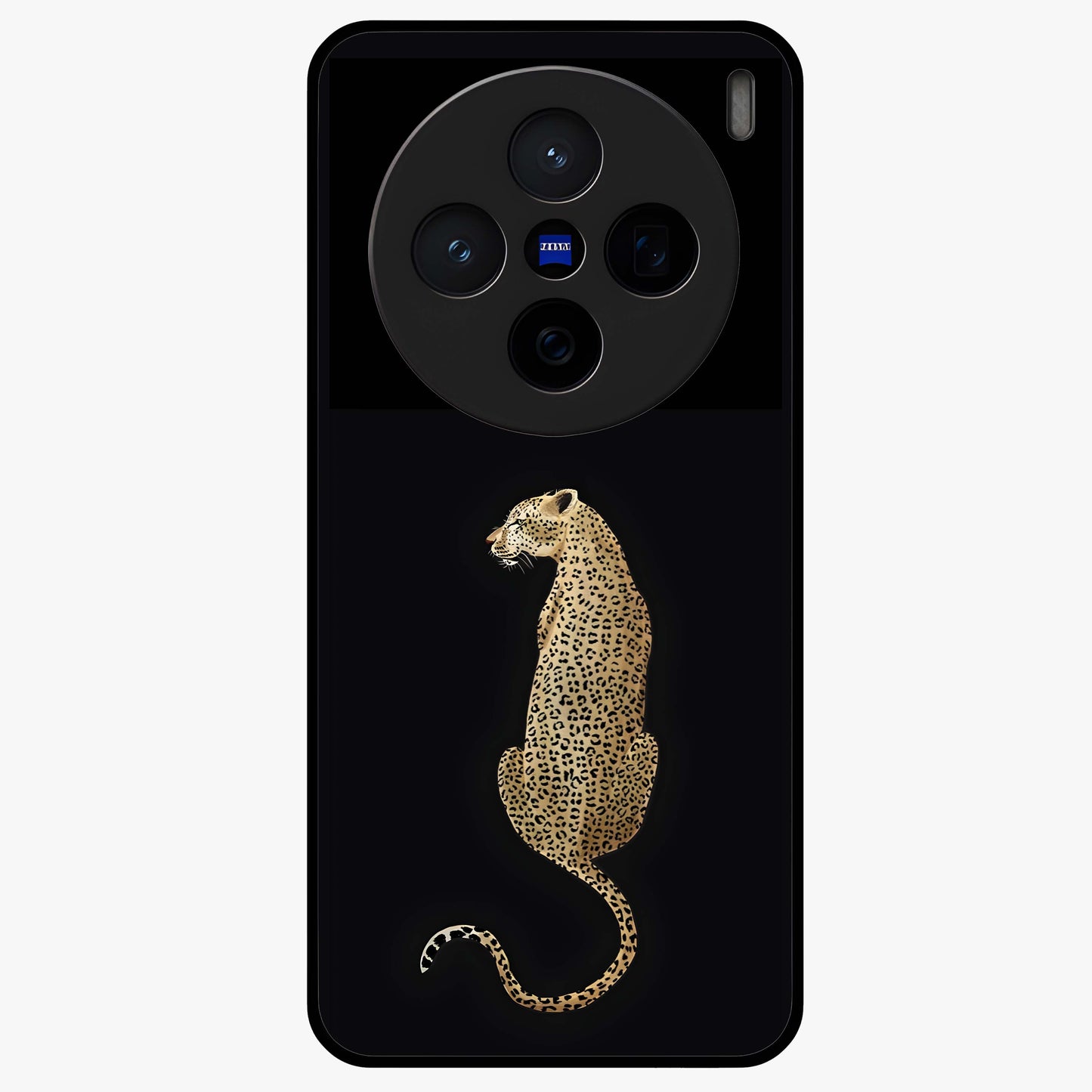 Regal Leopard Glass Case showing flat back view with bold leopard artwork and glossy glass finish.