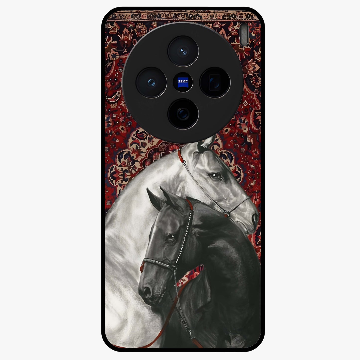 Regal Stallion Tapestry Glass Case showing flat back view with majestic horse tapestry artwork and glossy glass finish.
