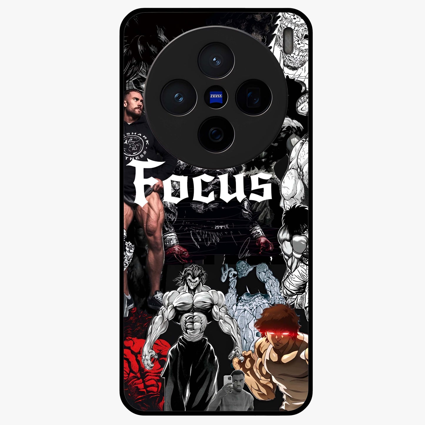 Relentless Power Focus Glass Case showing flat back view with motivational typography artwork and glossy glass finish.