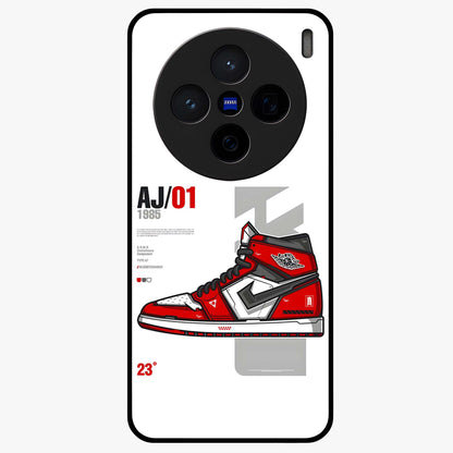 Retro Sneaker Blueprint Glass Case showing flat back view with sneaker blueprint style artwork and glossy glass finish.
