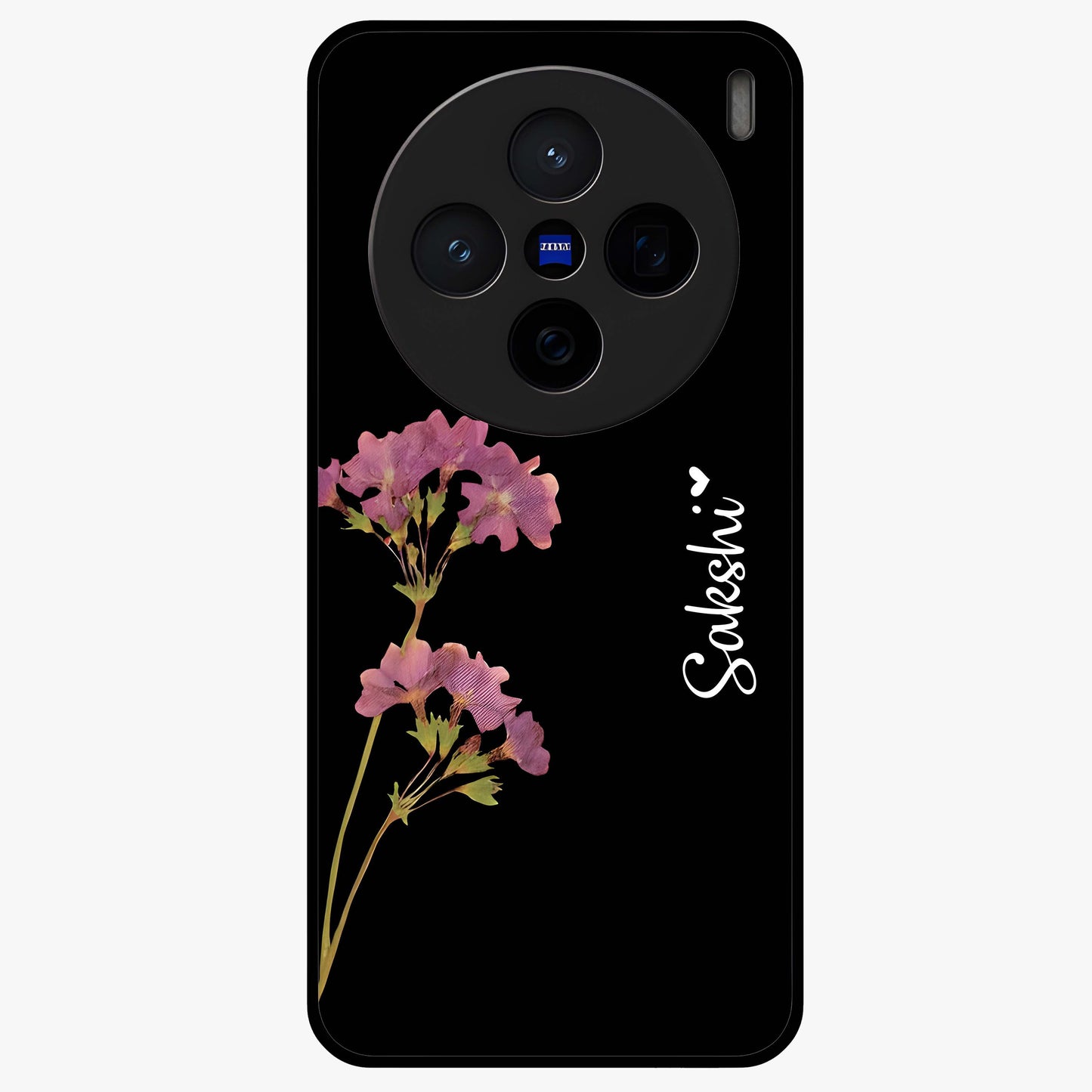 Riching Lavender Flower Custom Name Glass Case showing flat back view with lavender floral artwork and personalized name design.