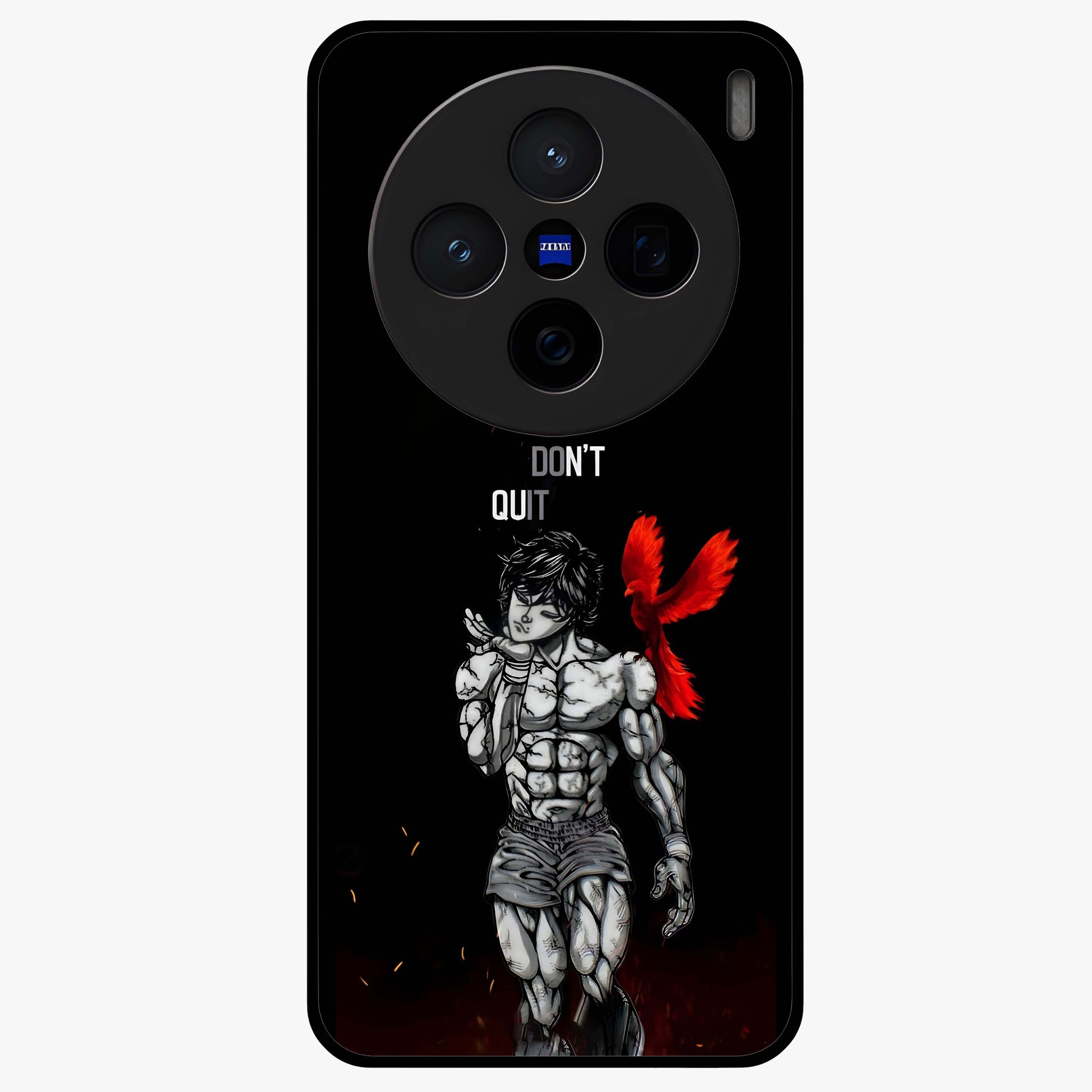 Rise Beyond Limits Glass Case showing flat back view with motivational typography artwork and glossy glass finish.