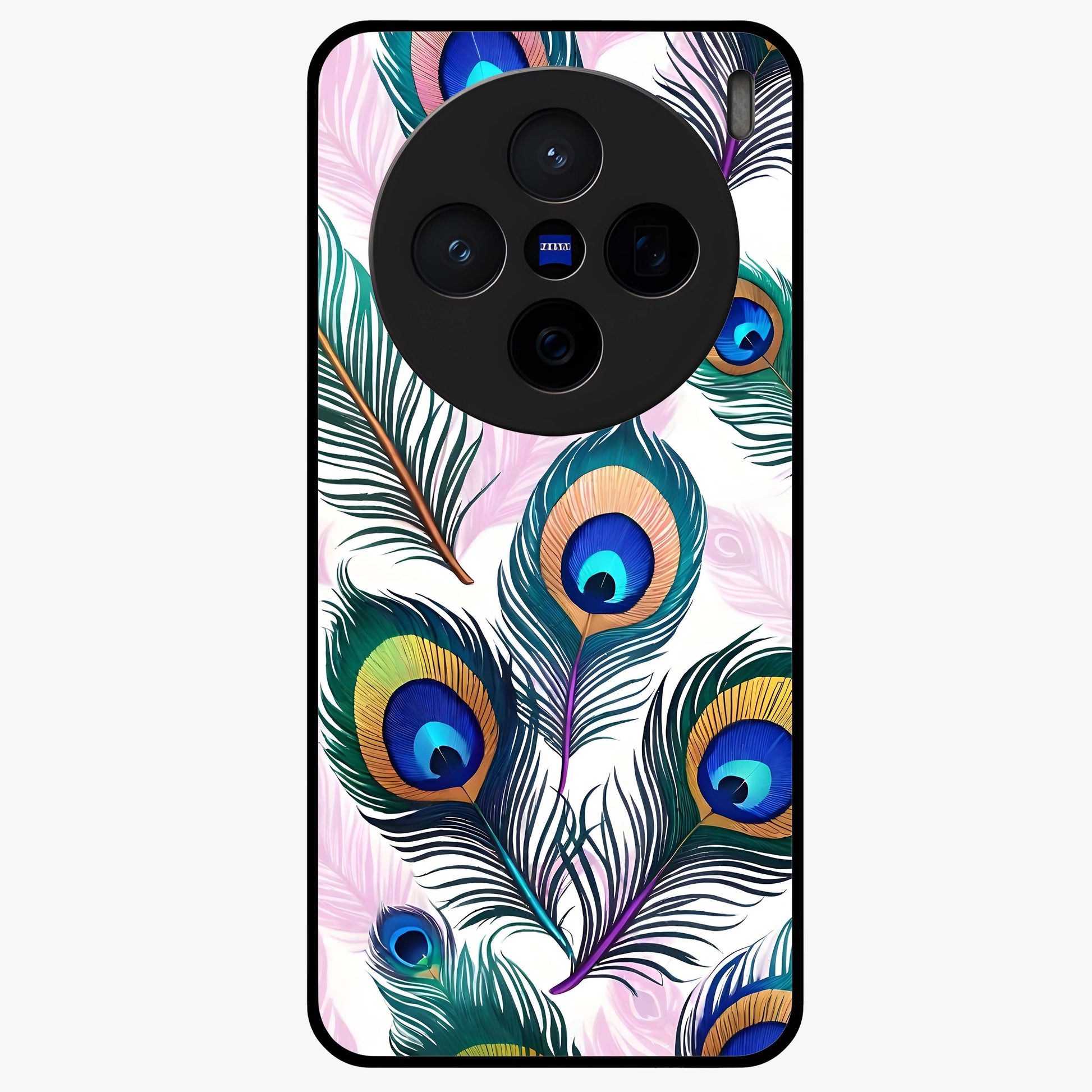 Royal Peacock Feathers Glass Case showing flat back view with colorful peacock feather artwork and glossy glass finish.