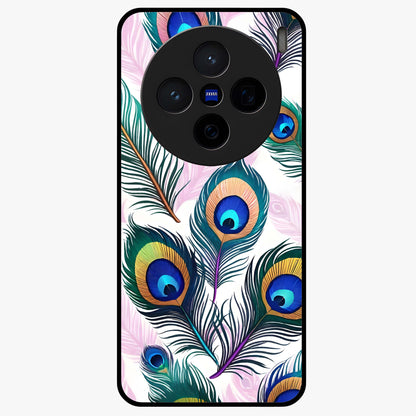Royal Peacock Feathers Glass Case showing flat back view with colorful peacock feather artwork and glossy glass finish.