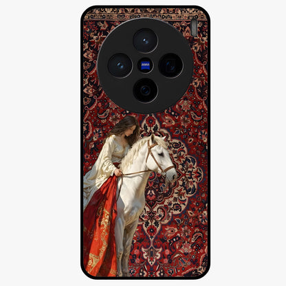 Royal Rider Tapestry Glass Case showing flat back view with majestic horse rider tapestry artwork and glossy glass finish.
