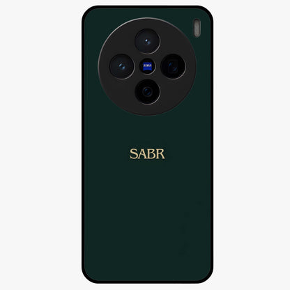 Sabr Minimal Patience Glass Case showing flat back view with minimalist typography artwork and glossy glass finish.