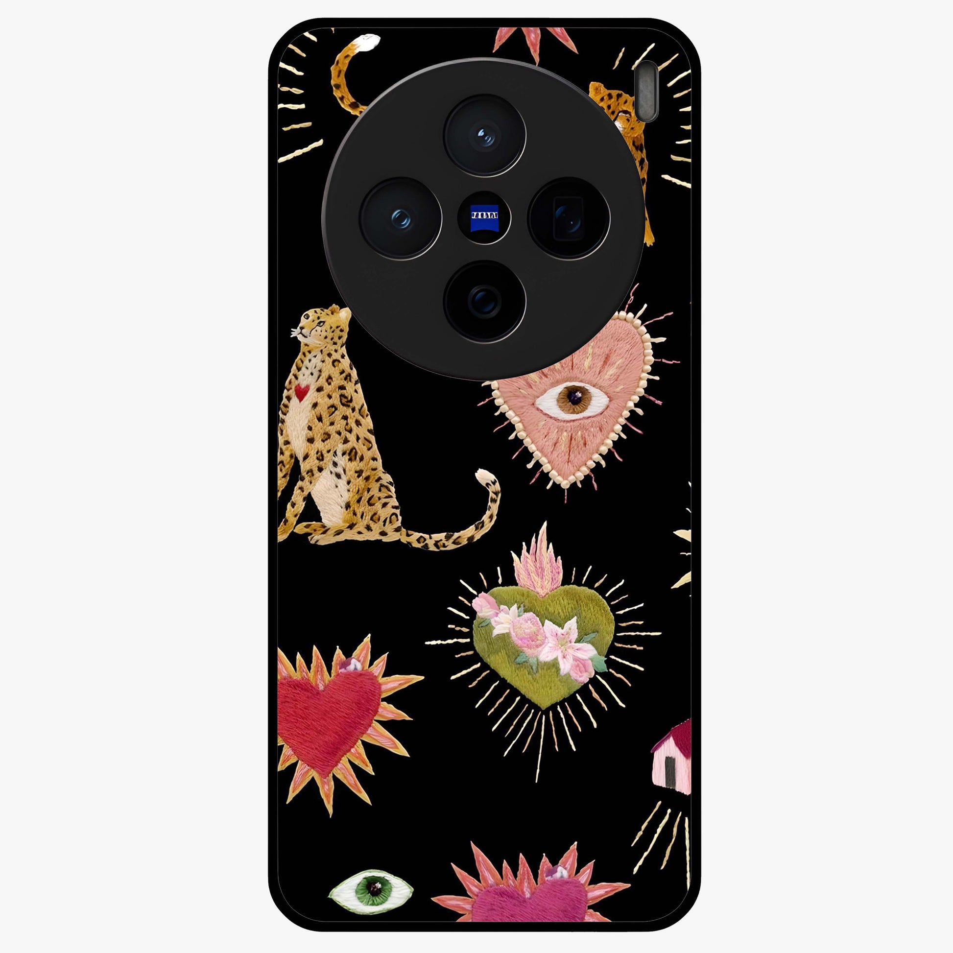 Sacred Jungle Heart Glass Case showing flat back view with jungle inspired heart artwork and glossy glass finish.