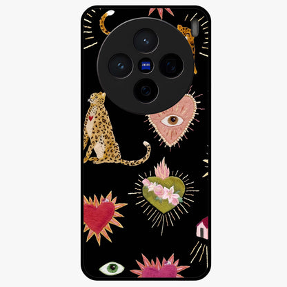 Sacred Jungle Heart Glass Case showing flat back view with jungle inspired heart artwork and glossy glass finish.
