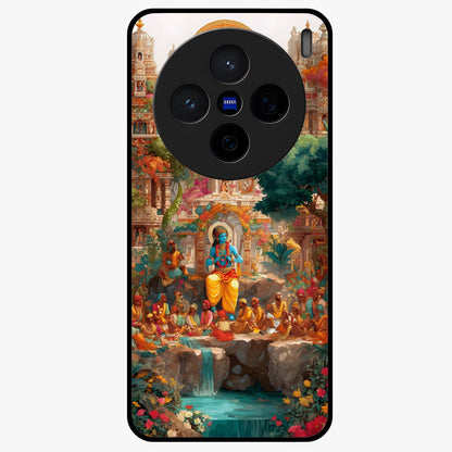 Sacred Sunlight Gods Glass Case showing flat back view with divine sunlight themed artwork and glossy glass finish.