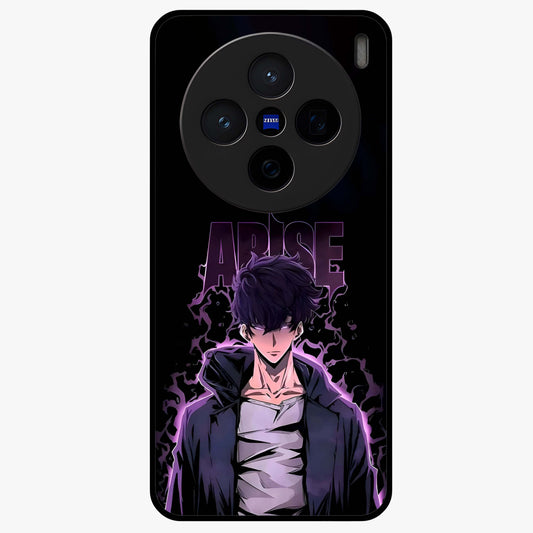 Shadow Monarch Awakening Glass Case showing flat back view with powerful dark monarch themed artwork and glossy glass finish.