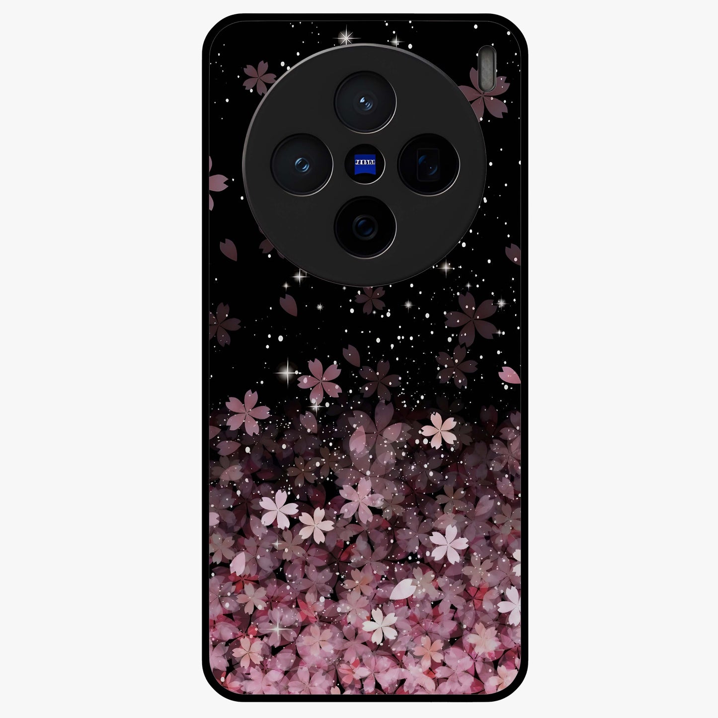 Small Starry Flowers Glass Case showing flat back view with delicate starry floral artwork and glossy glass finish.
