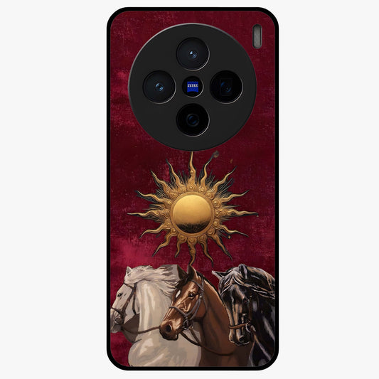 Solar Riders Glass Case showing flat back view with dynamic rider themed artwork and glossy glass finish.