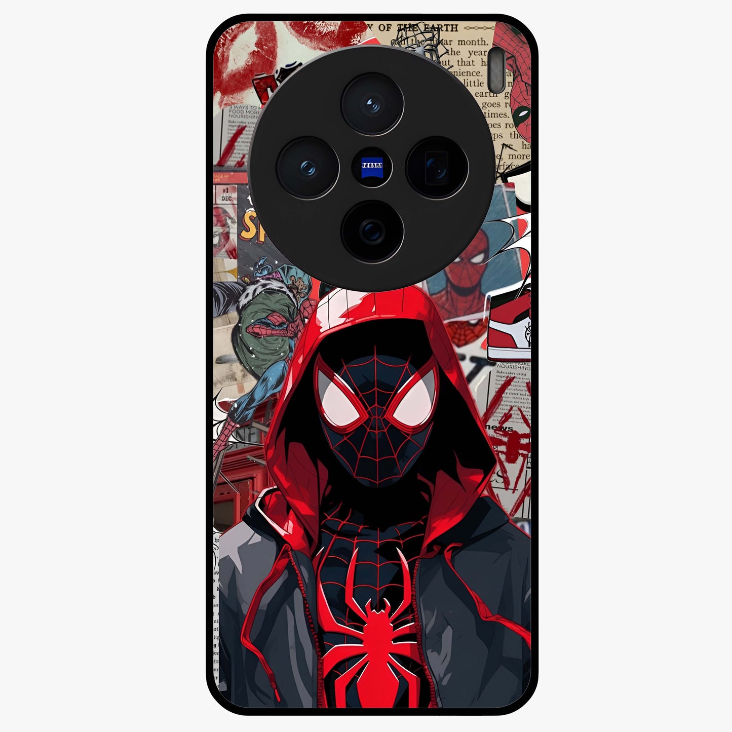 Spider Collage Street Glass Case showing flat back view with vibrant superhero collage artwork and glossy glass finish.