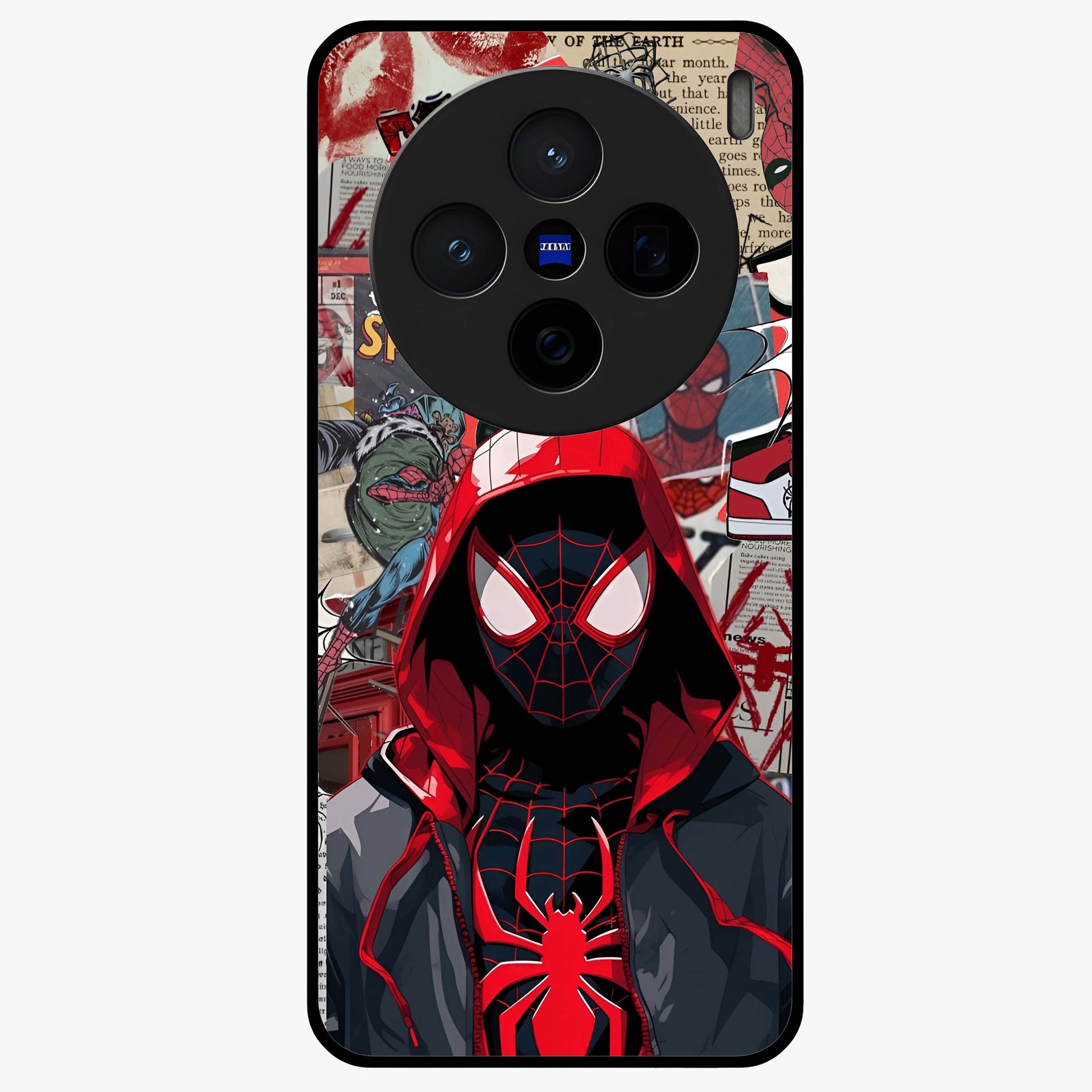 Spider Collage Street Glass Case showing flat back view with vibrant superhero collage artwork and glossy glass finish.