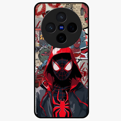 Spider Collage Street Glass Case showing flat back view with vibrant superhero collage artwork and glossy glass finish.