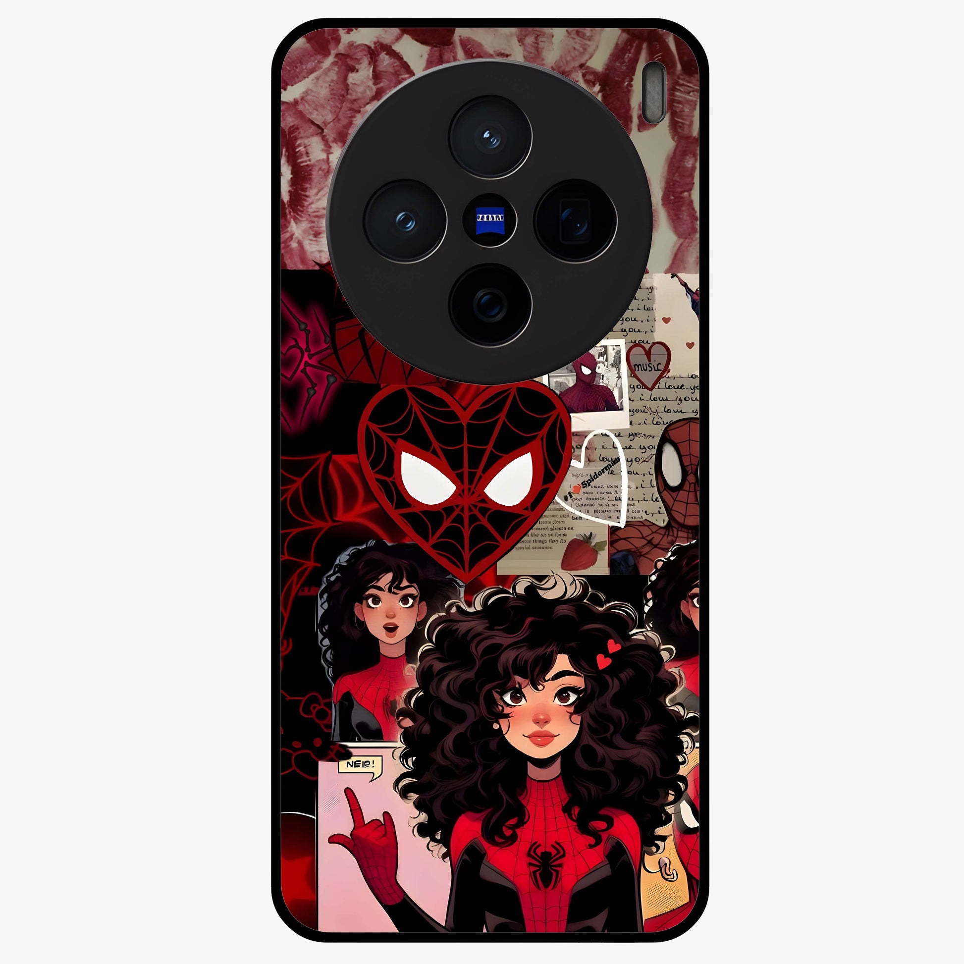 Spider Love Story Glass Case showing flat back view with romantic superhero themed artwork and glossy glass finish.