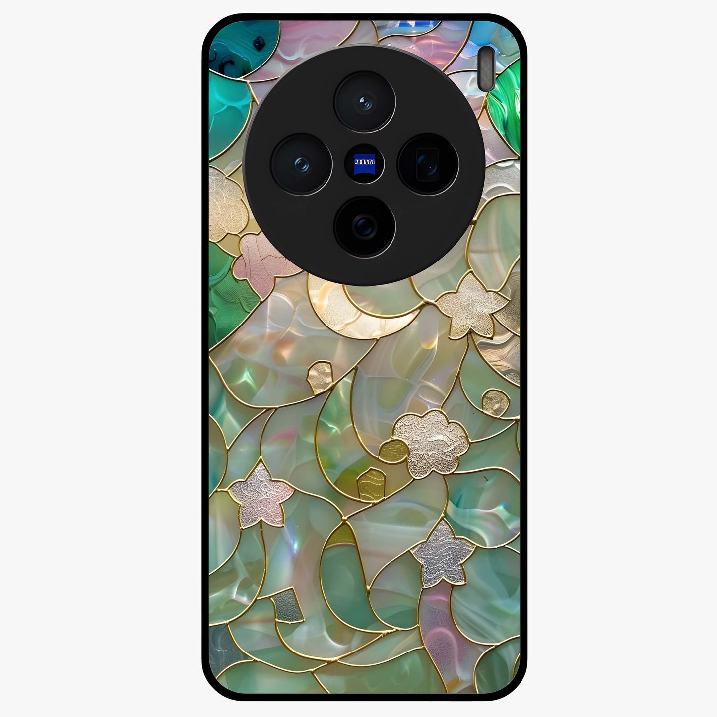 Stained Sunrise Glow Glass Case showing flat back view with glowing sunrise stained pattern artwork and glossy glass finish.