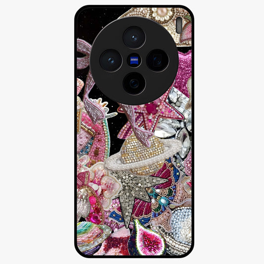 Starlit Jewel Dream Glass Case showing flat back view with sparkling jewel and star themed artwork and glossy glass finish.