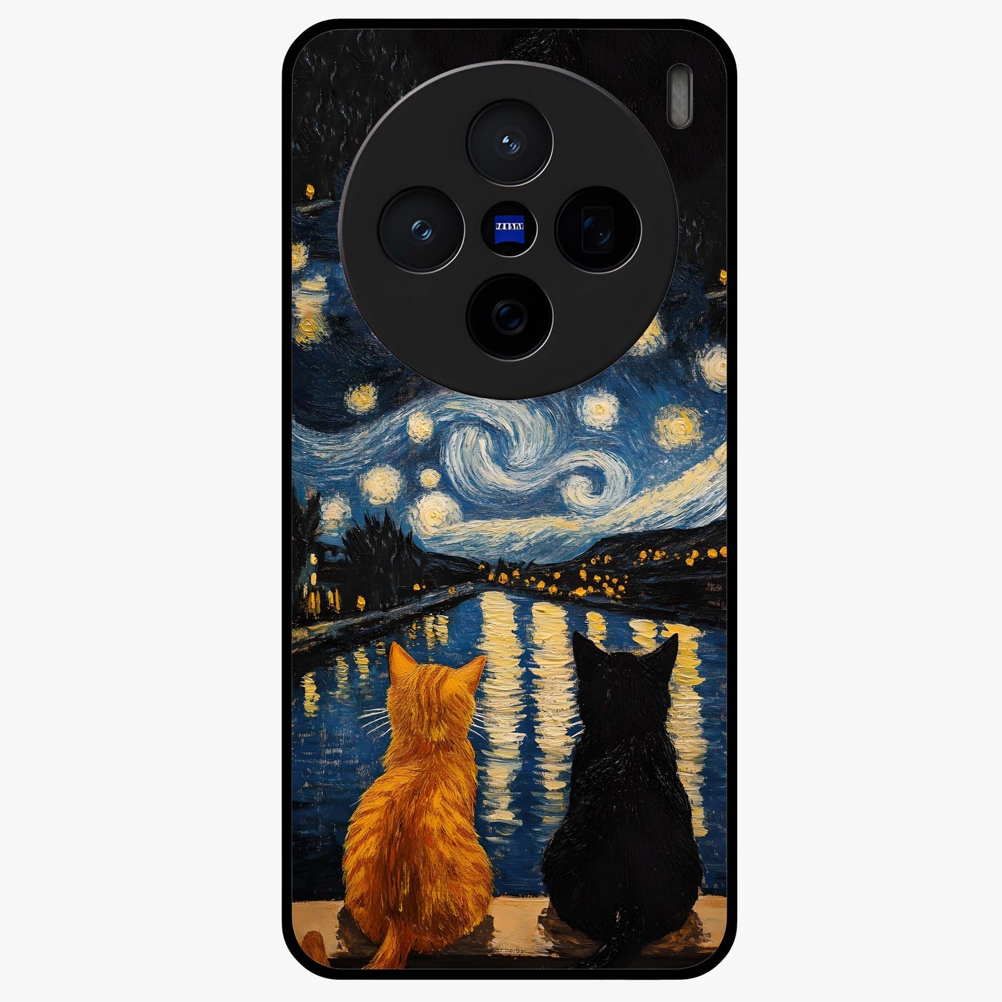 Starry River Cats Glass Case showing flat back view with cats by a starry river artwork and glossy glass finish.