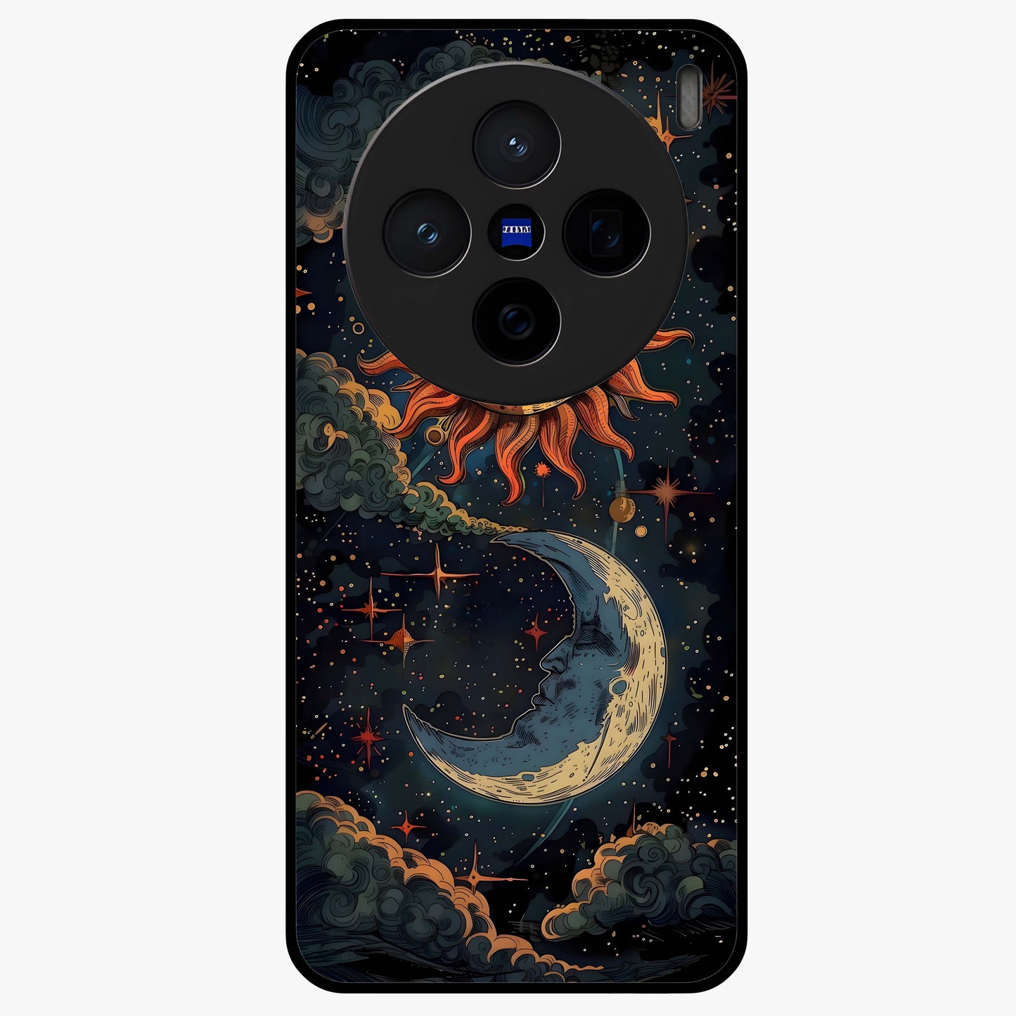 Sun And Moon Magic Design Glass Case showing flat back view with mystical sun and moon artwork and glossy glass finish.