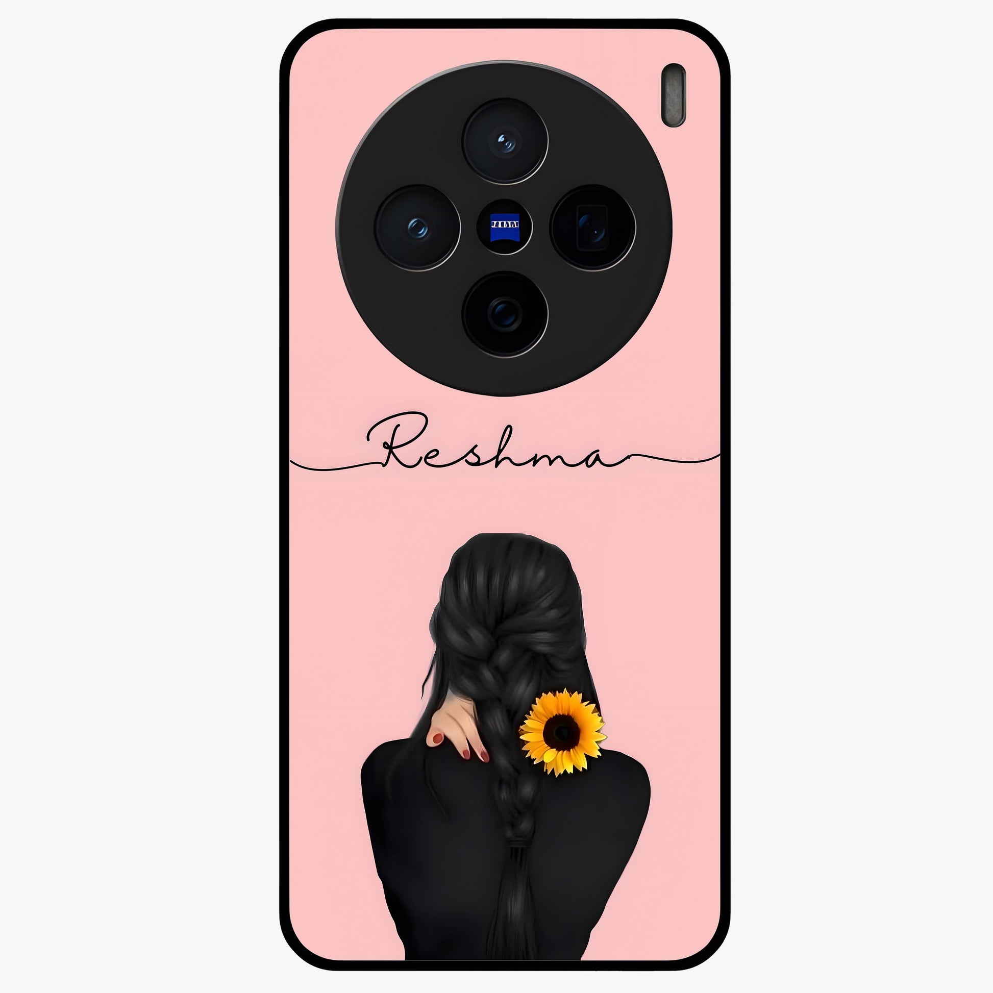 Sunflower Braid Beauty With Custom Name Glass Case showing flat back view with sunflower braid artwork and personalized name design.