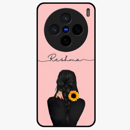 Sunflower Braid Beauty With Custom Name Glass Case showing flat back view with sunflower braid artwork and personalized name design.