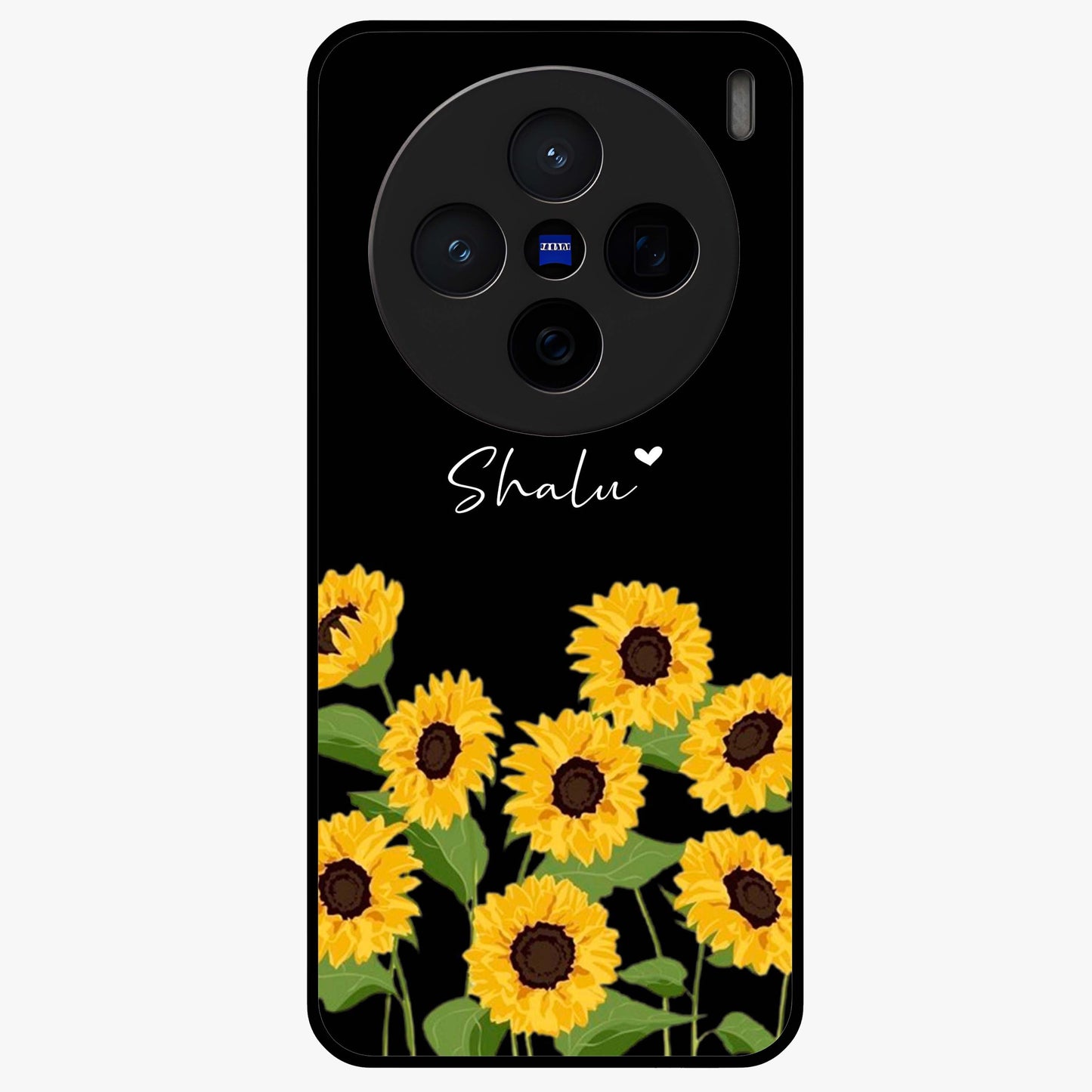 Sunflower Chic Mood Custom Name Glass Case showing flat back view with stylish sunflower artwork and personalized name design.