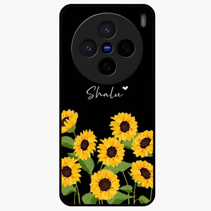 Sunflower Chic Mood Custom Name Glass Case showing flat back view with stylish sunflower artwork and personalized name design.