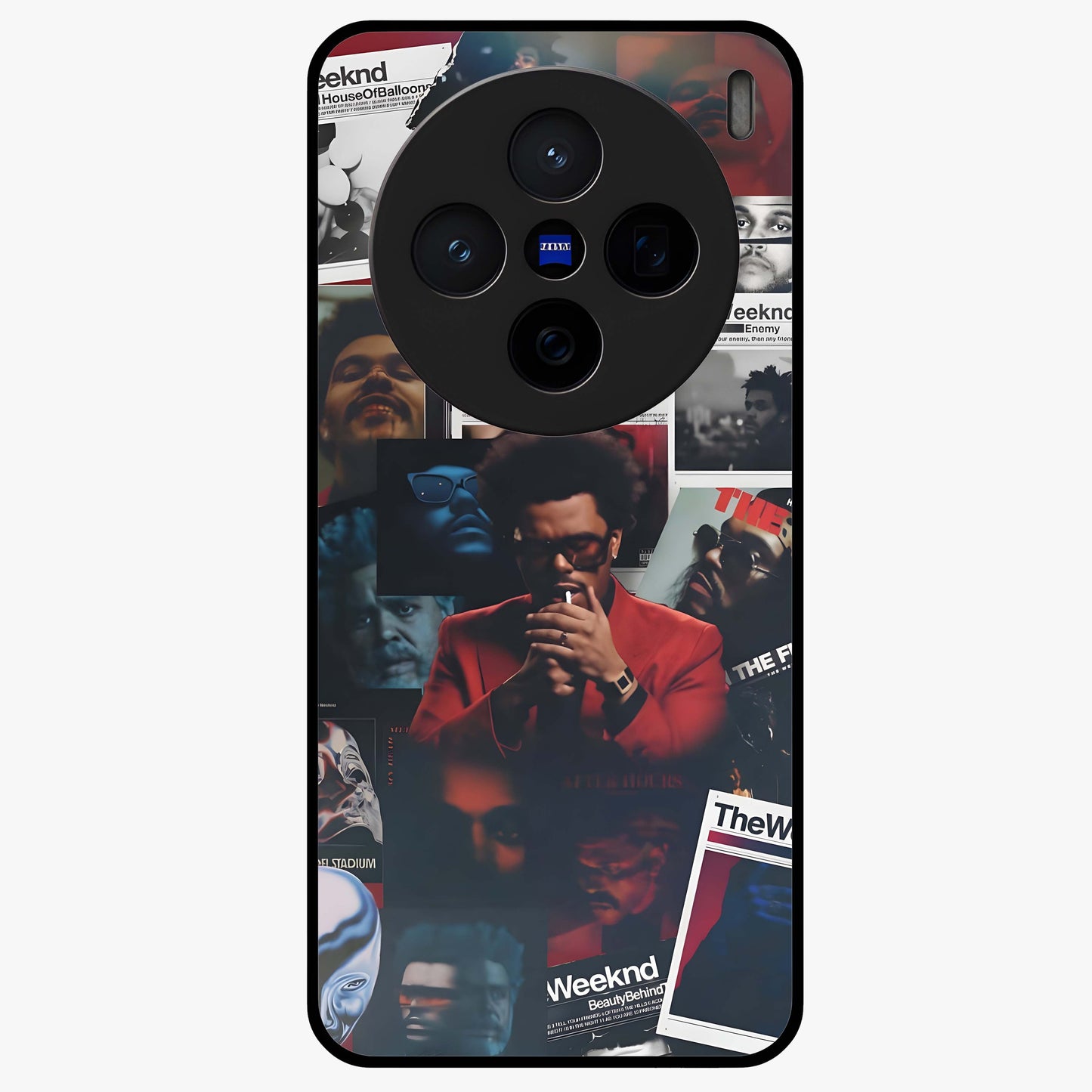 The Weeknd Glass Case showing flat back view with music inspired artistic portrait artwork and glossy glass finish.