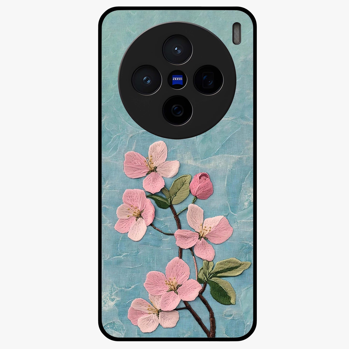 Threaded Blossom Breeze Glass Case showing flat back view with delicate blossom artwork and glossy glass finish.