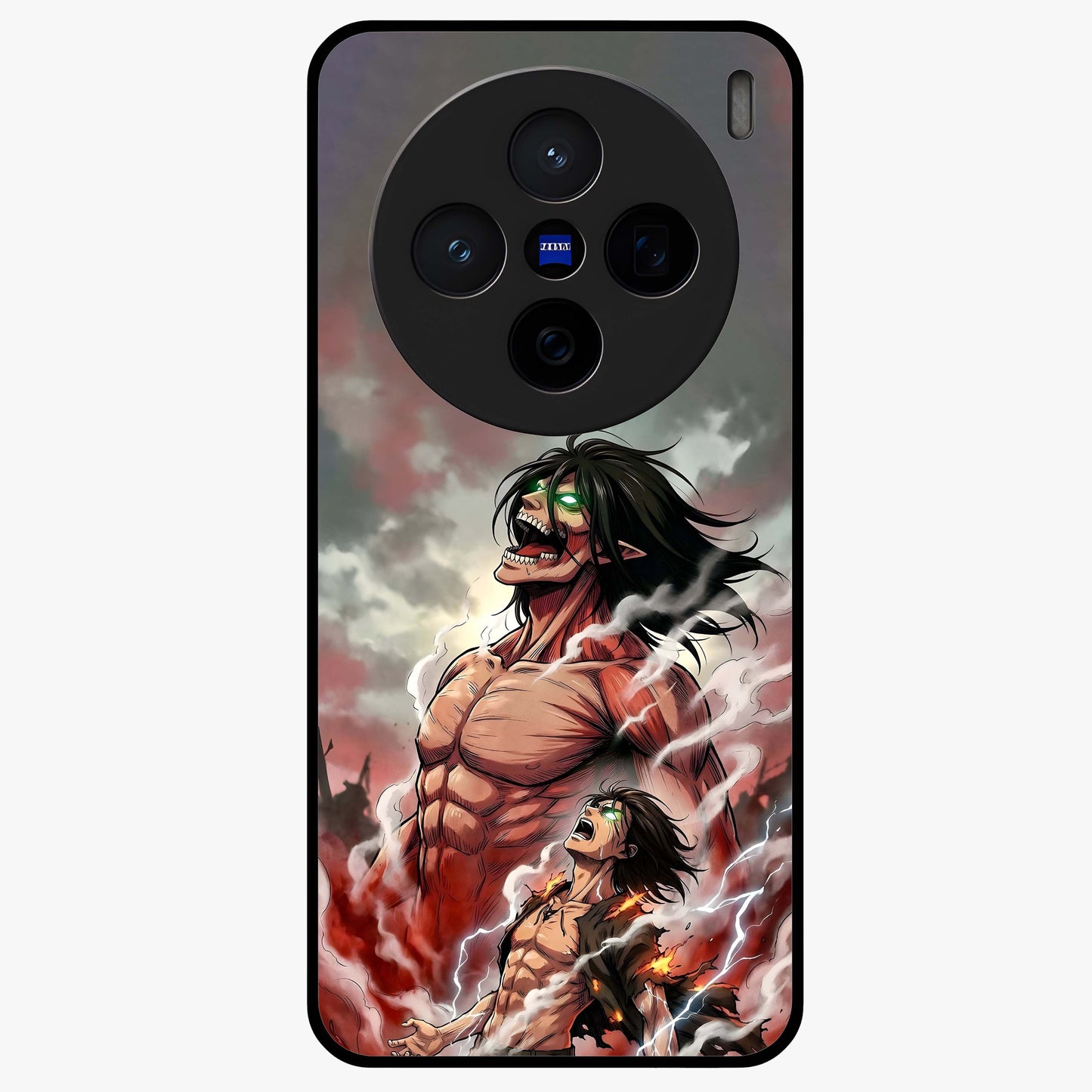 Titan Awakening Fury Glass Case showing flat back view with powerful titan inspired artwork and glossy glass finish.