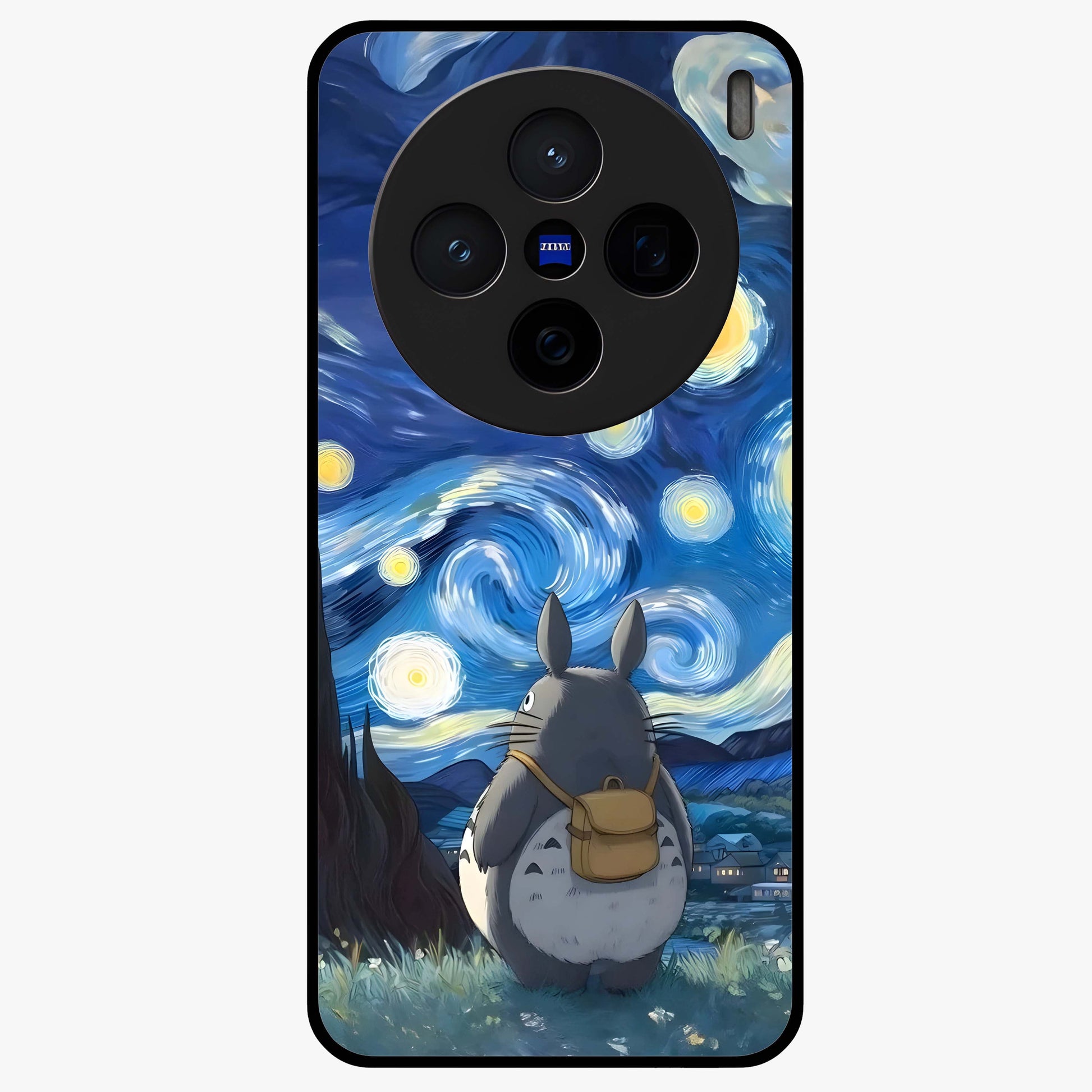 Totoro In Van Gogh Art Glass Case showing flat back view with whimsical character artwork inspired by Van Gogh style and glossy glass finish.