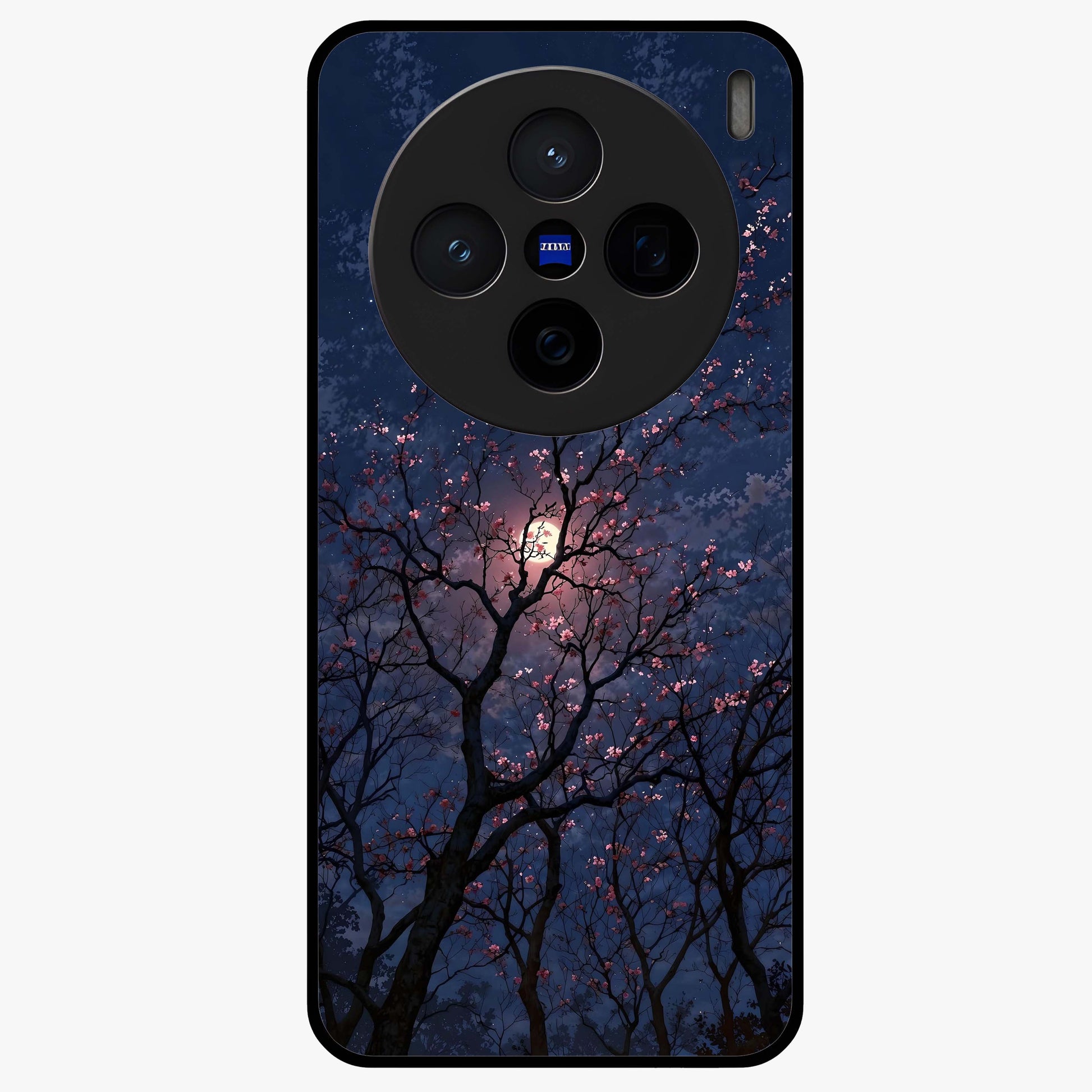 Twilight Sakura Serenade Glass Case showing flat back view with cherry blossom artwork at twilight and glossy glass finish.