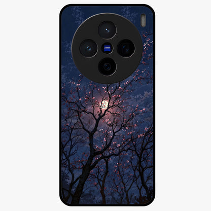 Twilight Sakura Serenade Glass Case showing flat back view with cherry blossom artwork at twilight and glossy glass finish.
