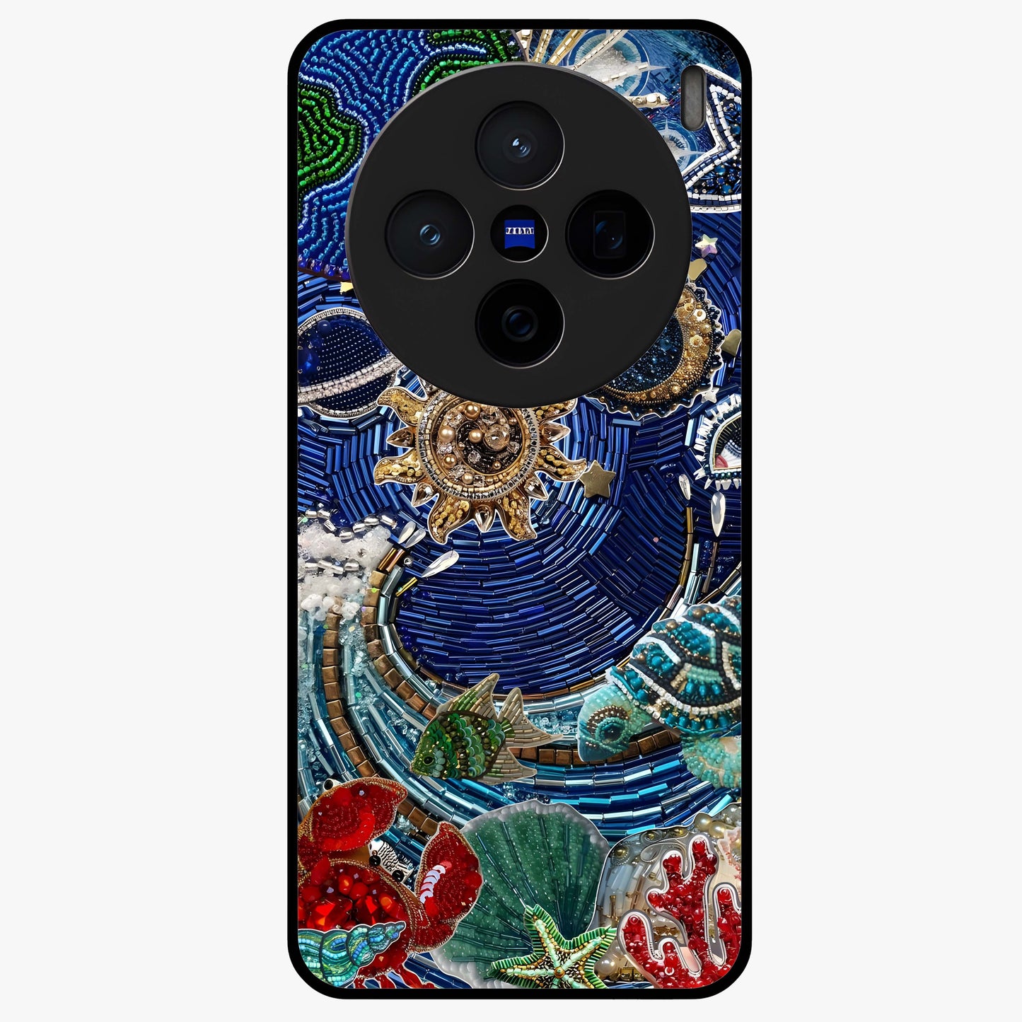 Universe Underwater Spark Glass Case showing flat back view with cosmic underwater themed artwork and glossy glass finish.