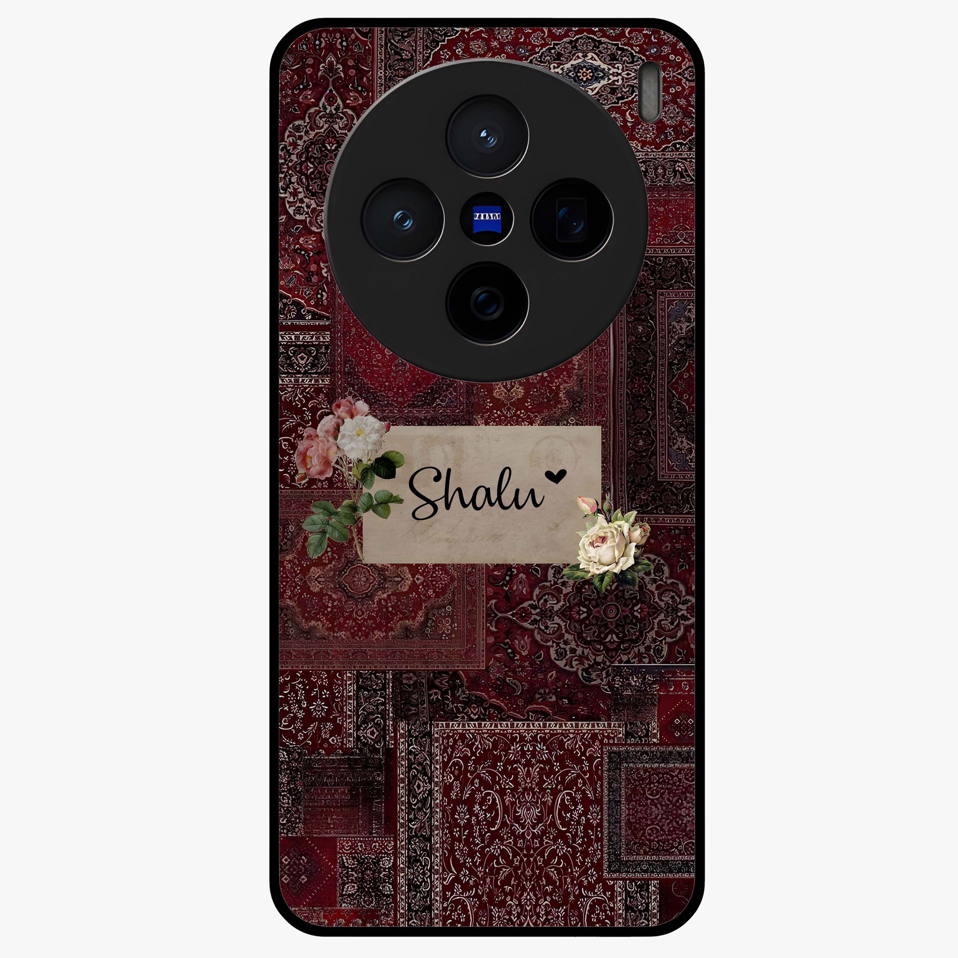 Velvet Wine Pattern Custom Name Glass Case showing flat back view with elegant wine colored pattern artwork and personalized name design.