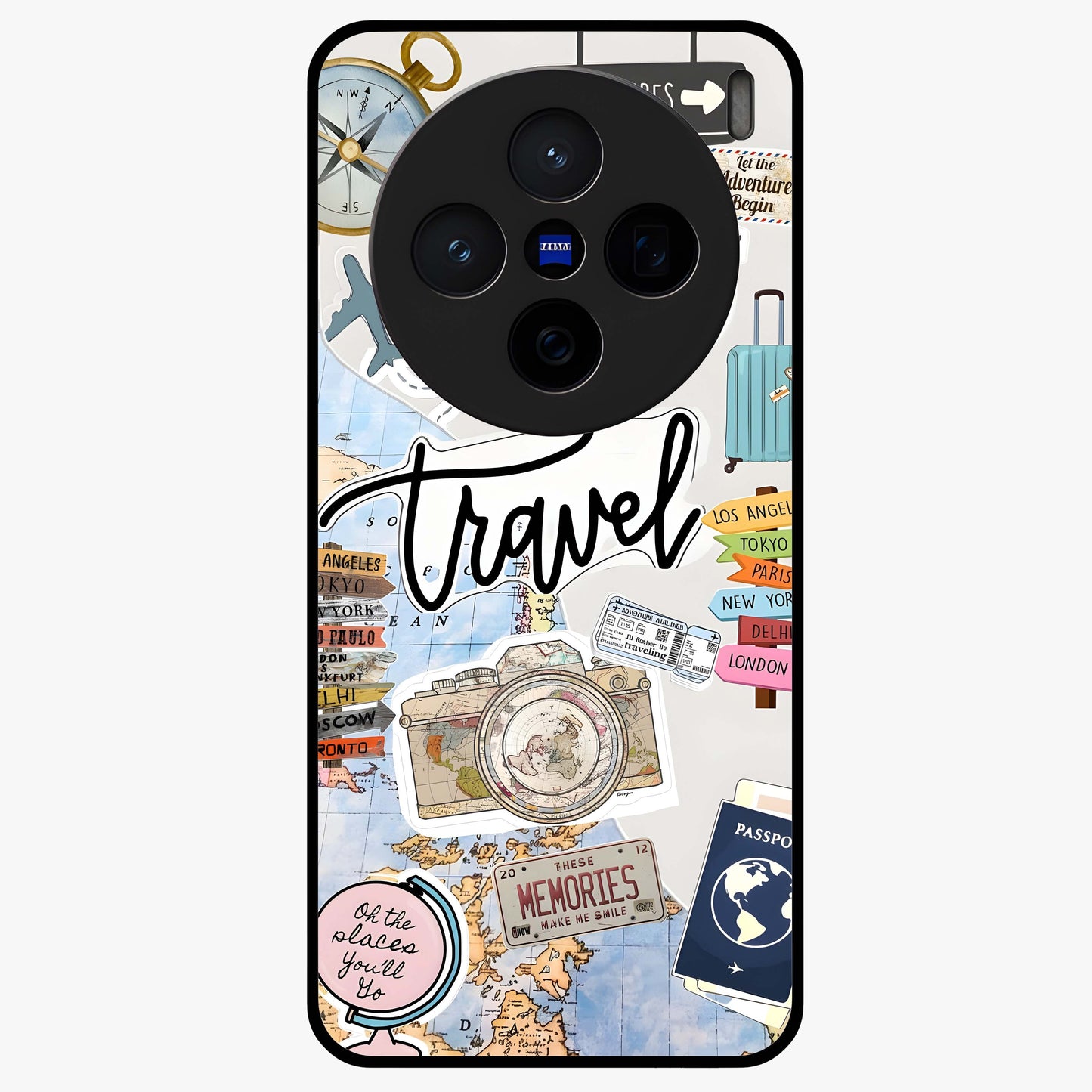 Wanderlust Journal Glass Case showing flat back view with travel inspired artwork and glossy glass finish.