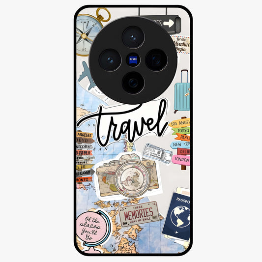 Wanderlust Journal Glass Case showing flat back view with travel inspired artwork and glossy glass finish.