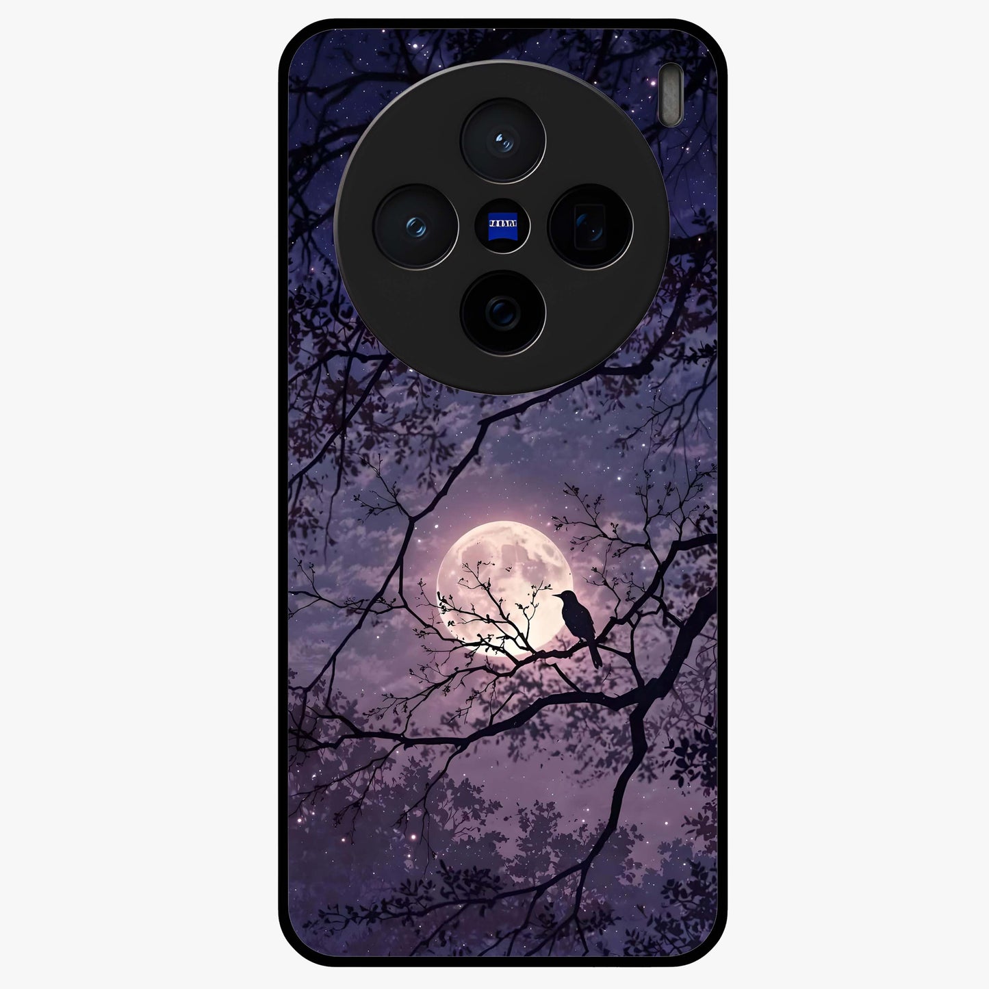 Whispering Moon Silence Glass Case showing flat back view with serene moon themed artwork and glossy glass finish.