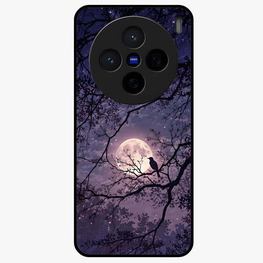 Whispering Moon Silence Glass Case showing flat back view with serene moon themed artwork and glossy glass finish.