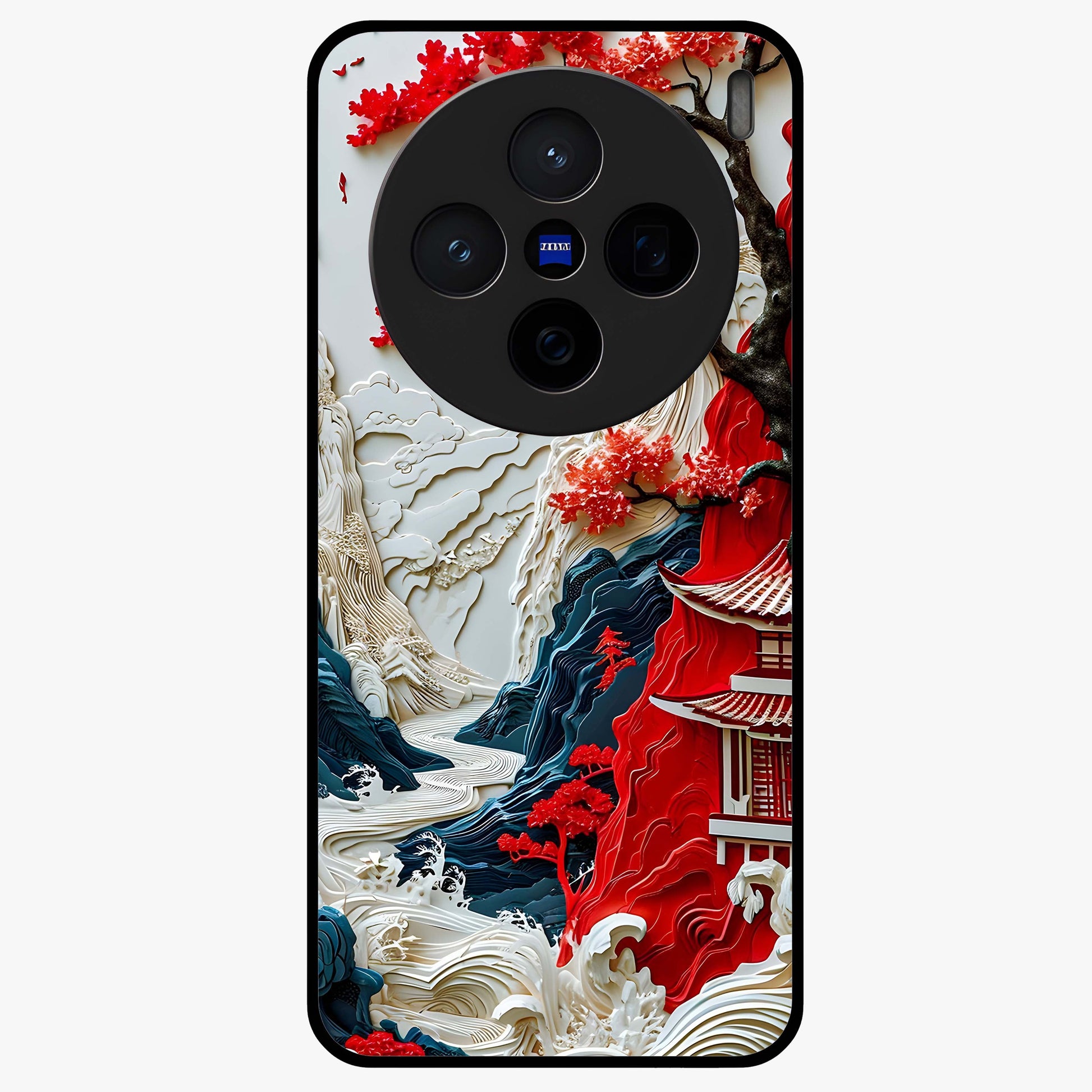 Whispers Of Sakura Waves Glass Case showing flat back view with cherry blossom wave artwork and glossy glass finish.