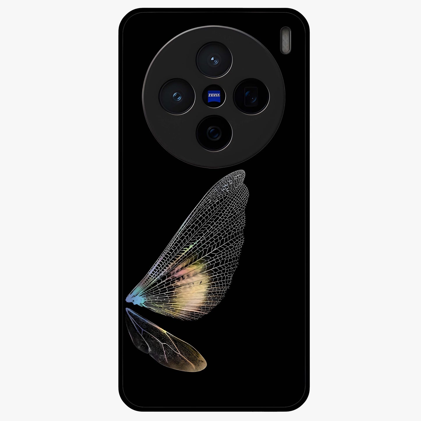 Whispers Of Wings Glass Case showing flat back view with graceful wing inspired artwork and glossy glass finish.