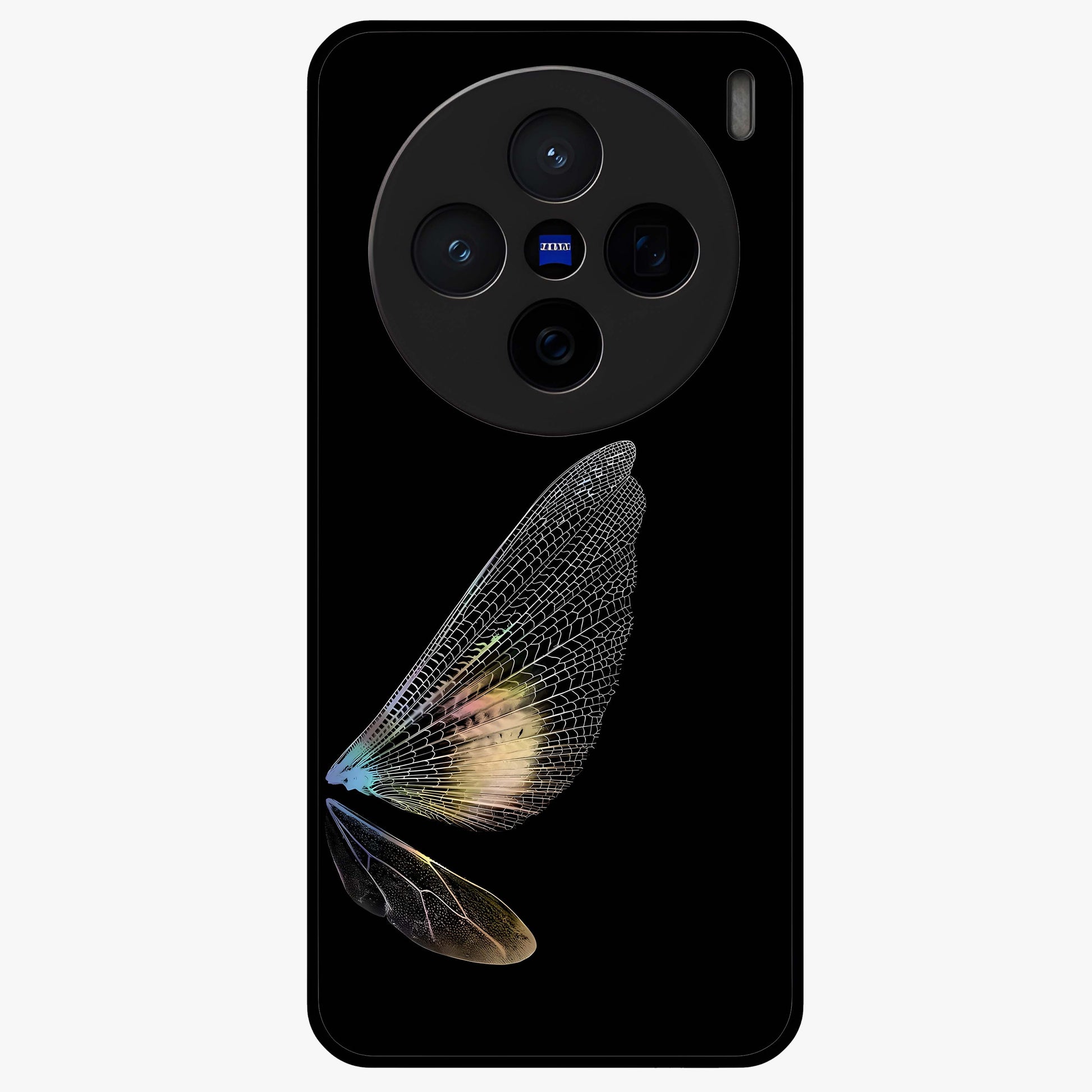 Whispers Of Wings Glass Case showing flat back view with graceful wing inspired artwork and glossy glass finish.