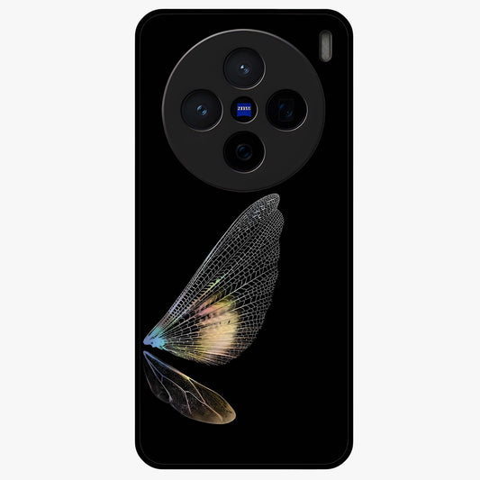 Whispers Of Wings Glass Case showing flat back view with graceful wing inspired artwork and glossy glass finish.